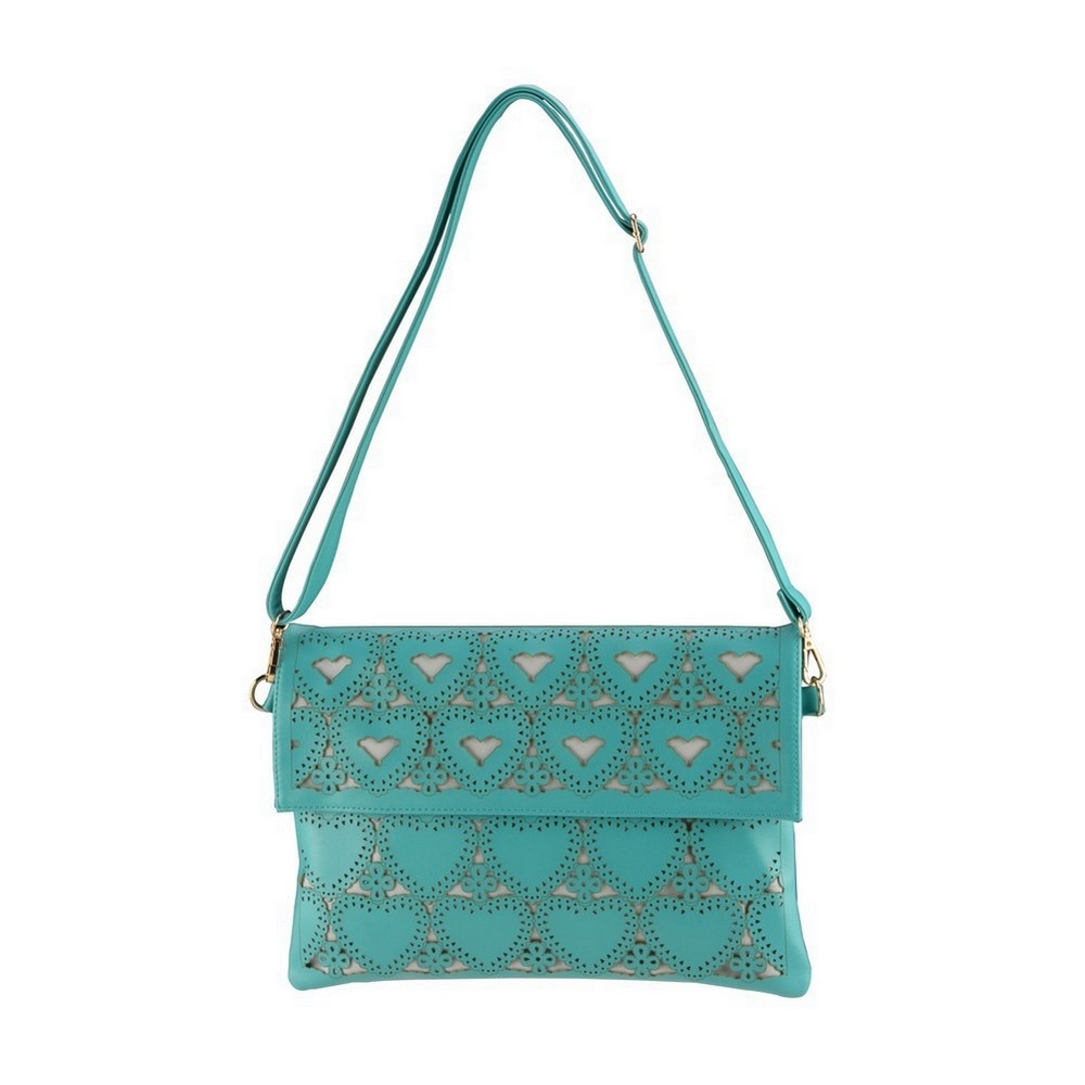 Clutch bag punched perforare hearts with strap turquoise