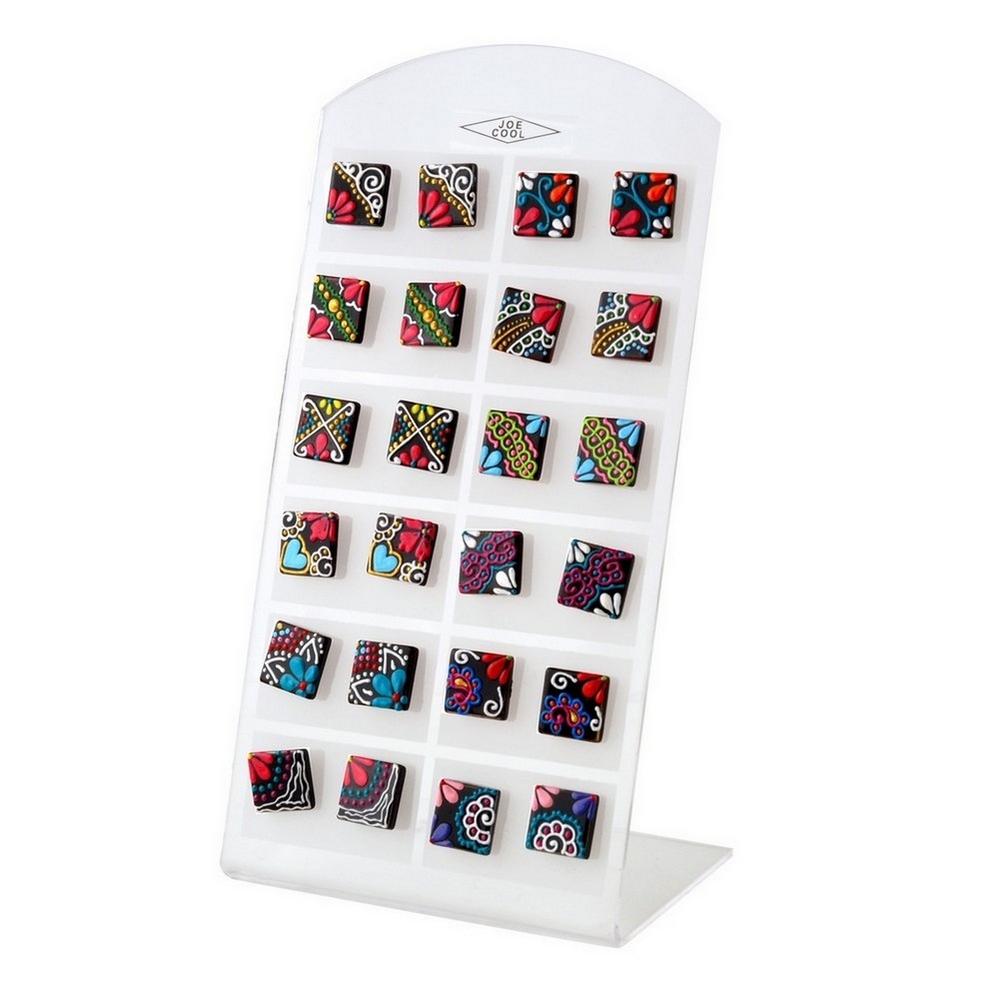 Stud earring wood hand painted dainty flower squares