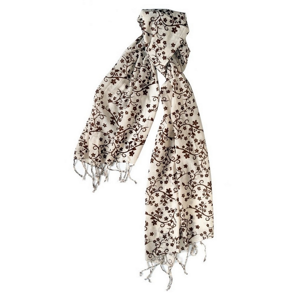 Scarf cotton floral pattern brown on off-white