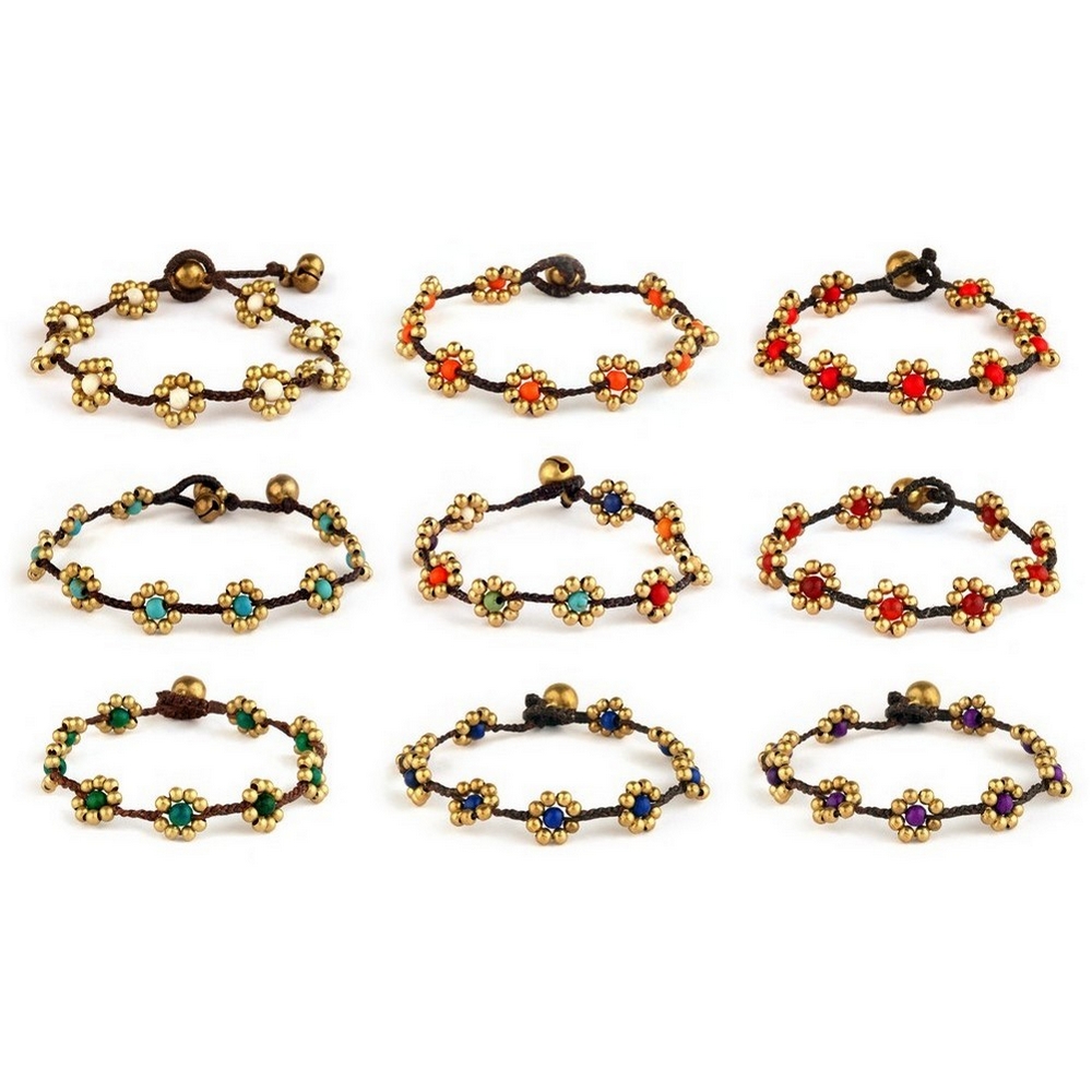 Bracelet brass & cord flower bead with coloured centre and bell catch black gold & assorted colours