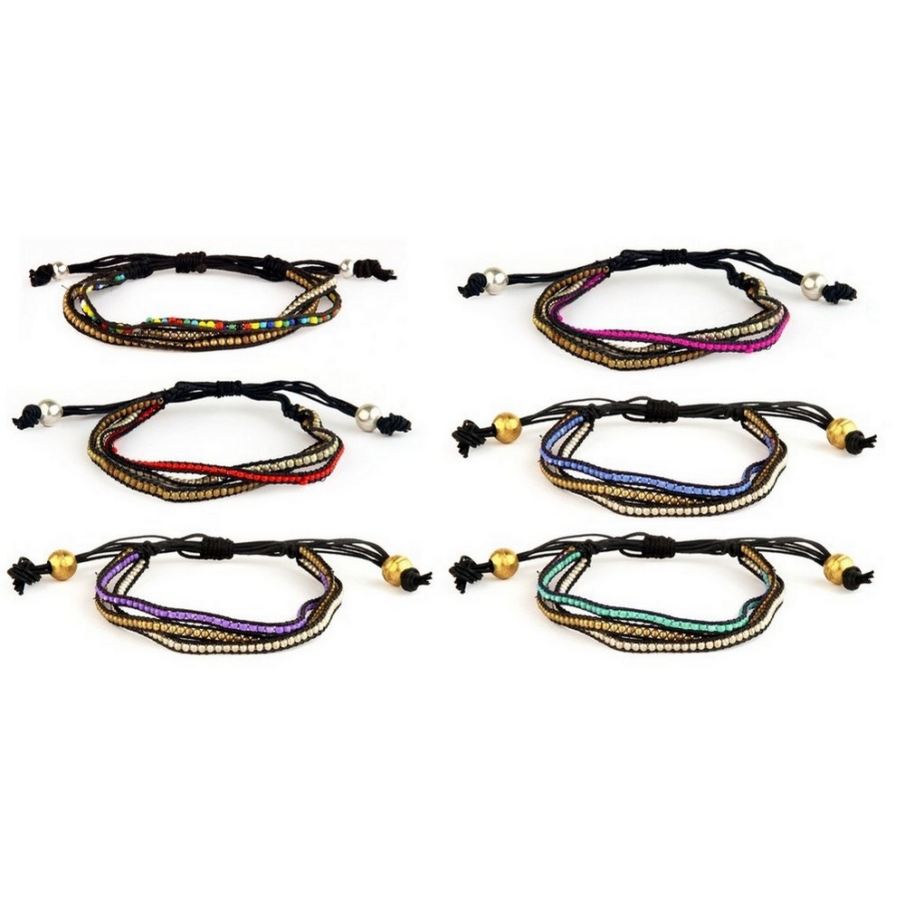 Bracelet cord & glass 3 strand friendship gold & silver