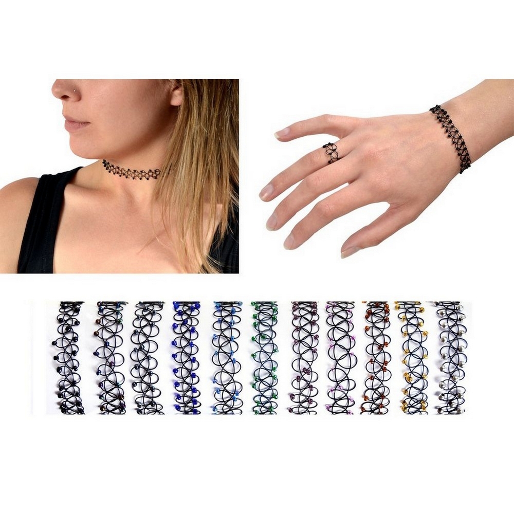 Choker necklace arm band bracelet & ring tattoo set
