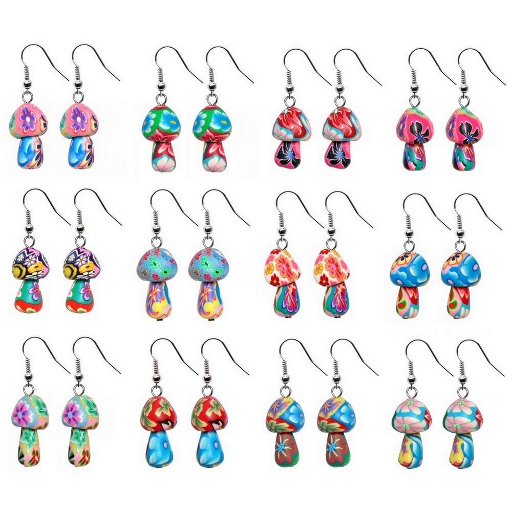 Drop earring polymer clay mushroom assorted colours