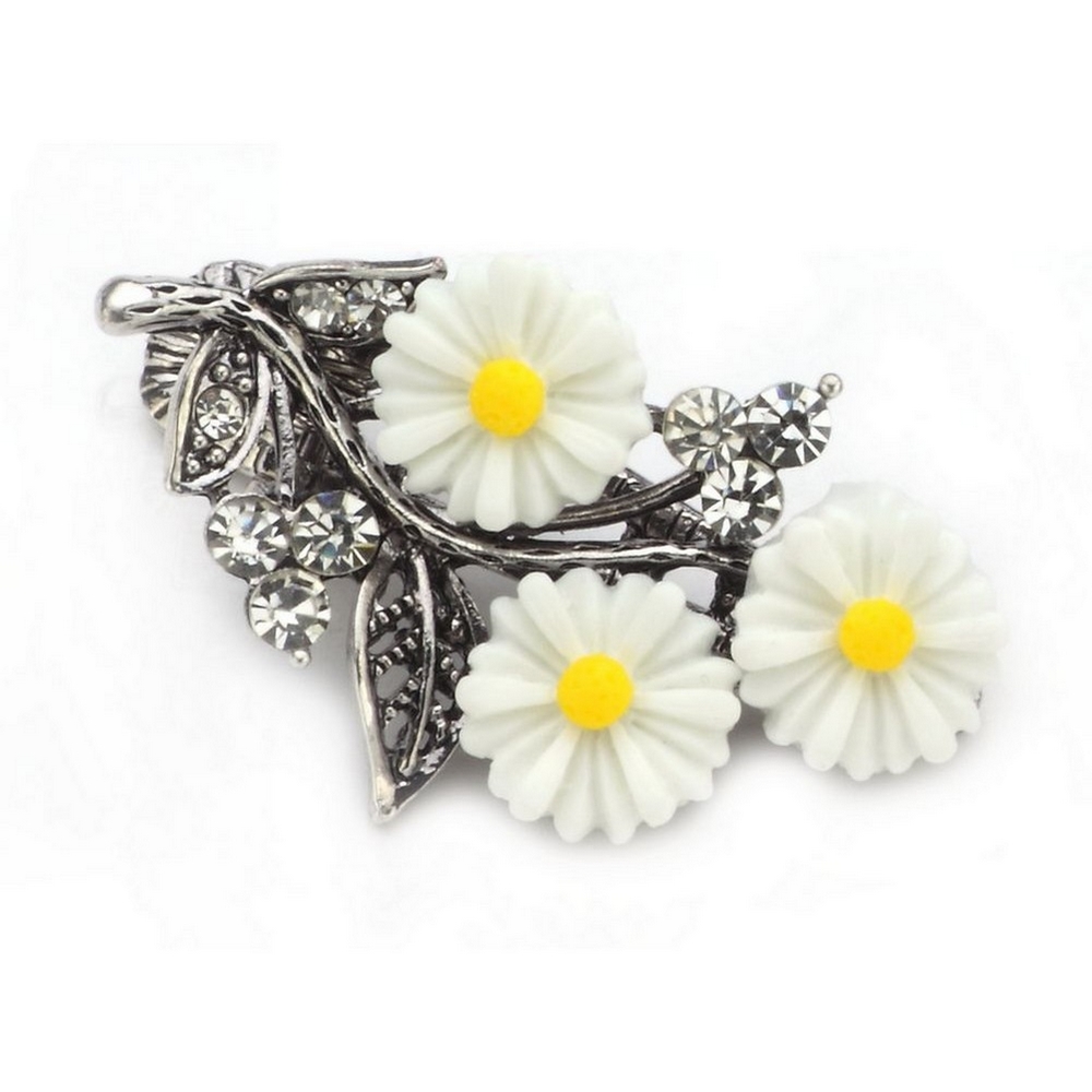 Barrette crystal glass daisy bouquet antique silver white & yellow