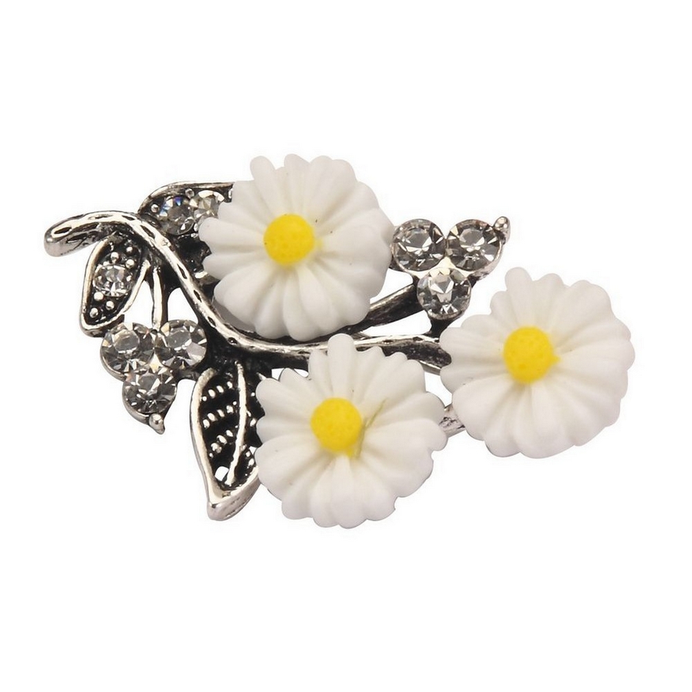 Brooch crystal glass daisy bouquet antique silver white & yellow