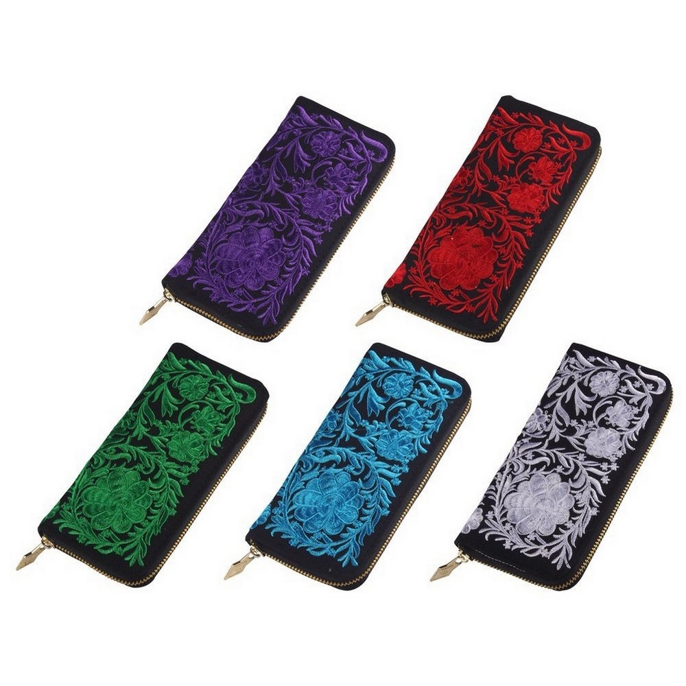 Zip wallet background rich floral embroidery 5 assorted colours