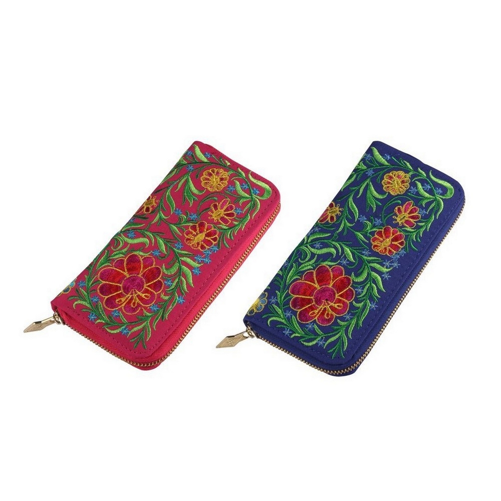 Zip wallet embroidered mix flower 2 assorted colours