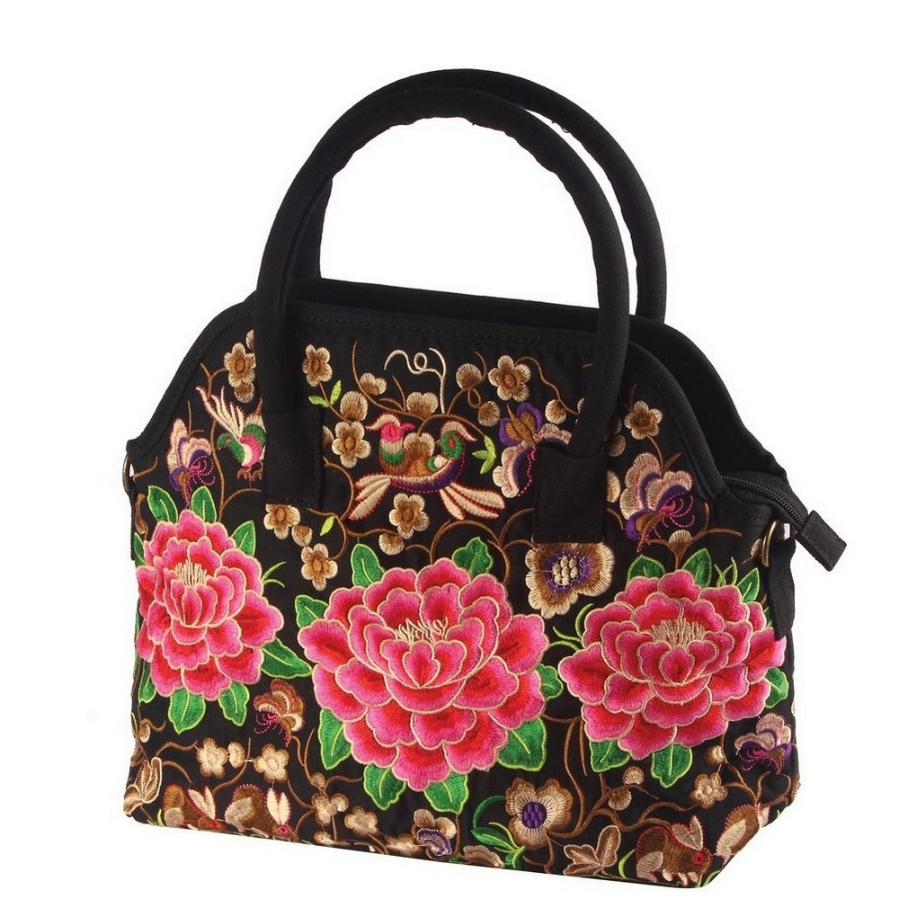 Shopper bag embroidered peony large red & multicoloured