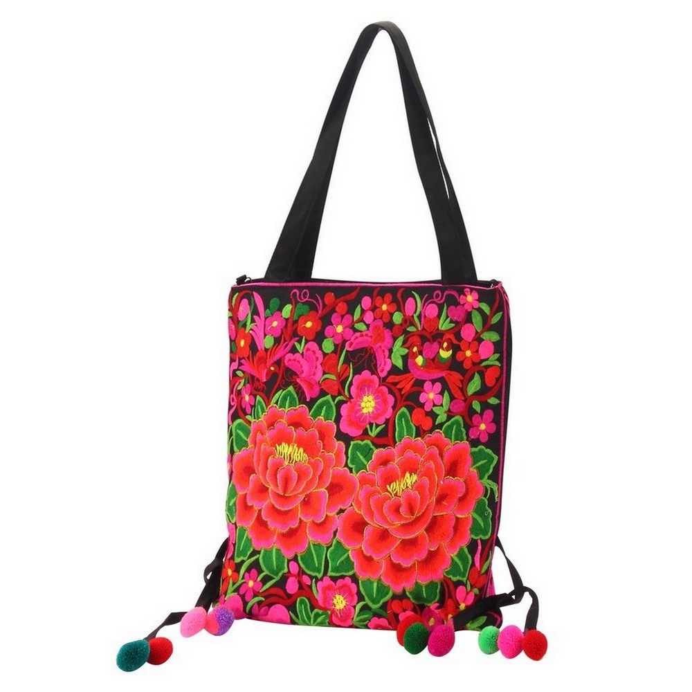 Shoulder bag embroidered peony red