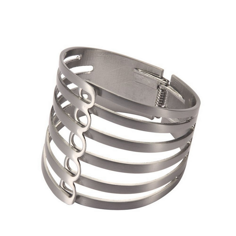 Bangle hinged brushed rib cuff silver