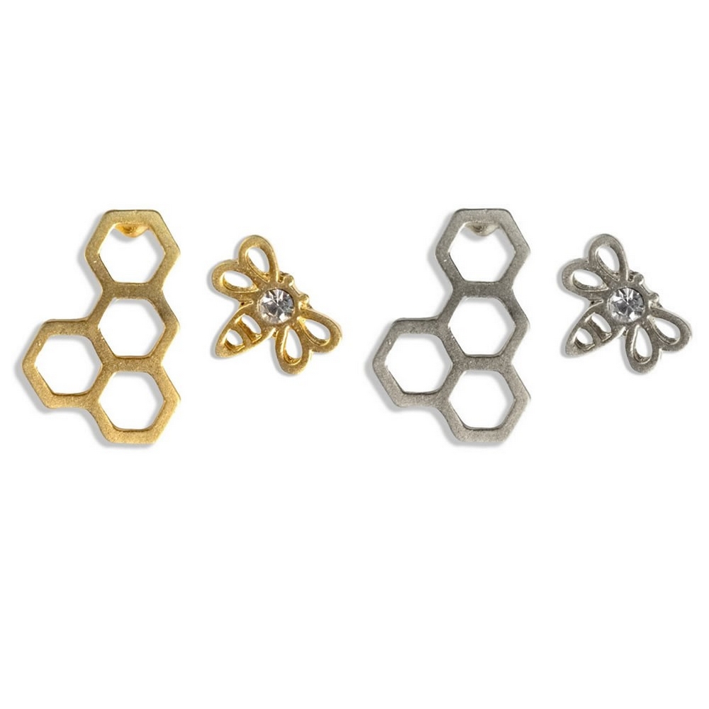 Stud earring crystal glass bee & honeycomb silver & gold