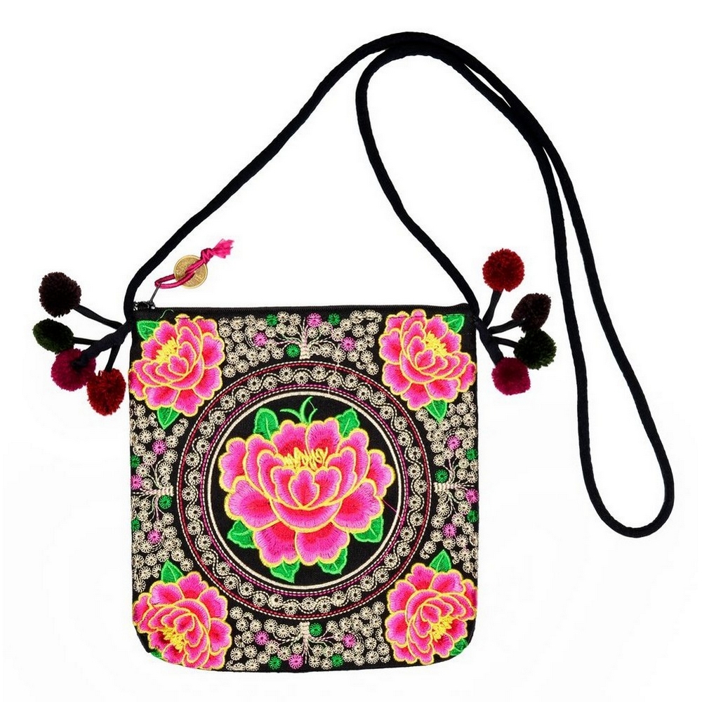 Shoulder bag cotton embroidered flower pink