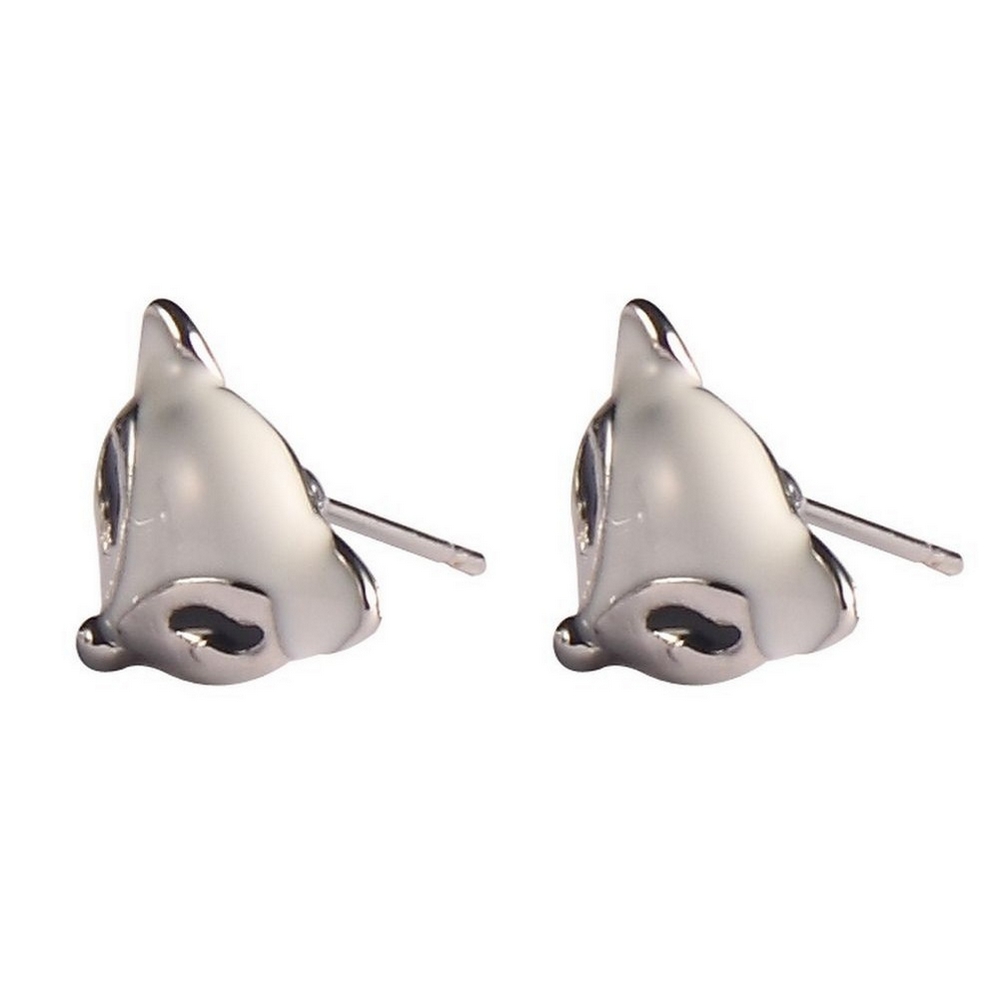 Stud earring enamel fox head white silver