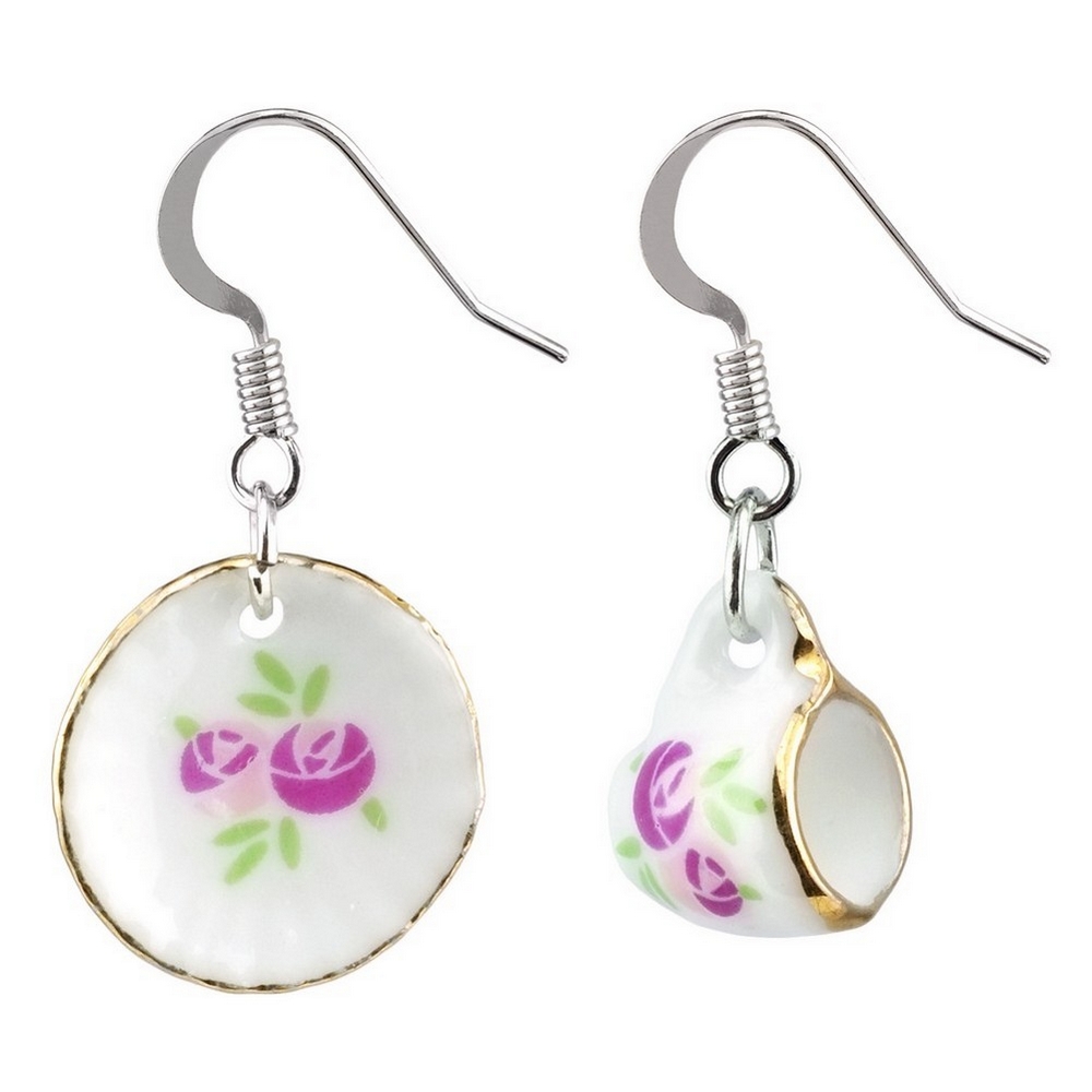 Drop earring ceramic vintage cup & saucer pink & white