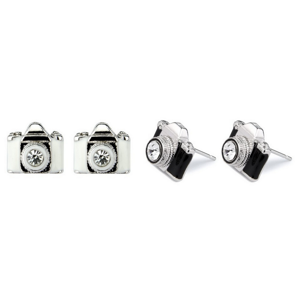 Stud earring crystal glass & enamel camera