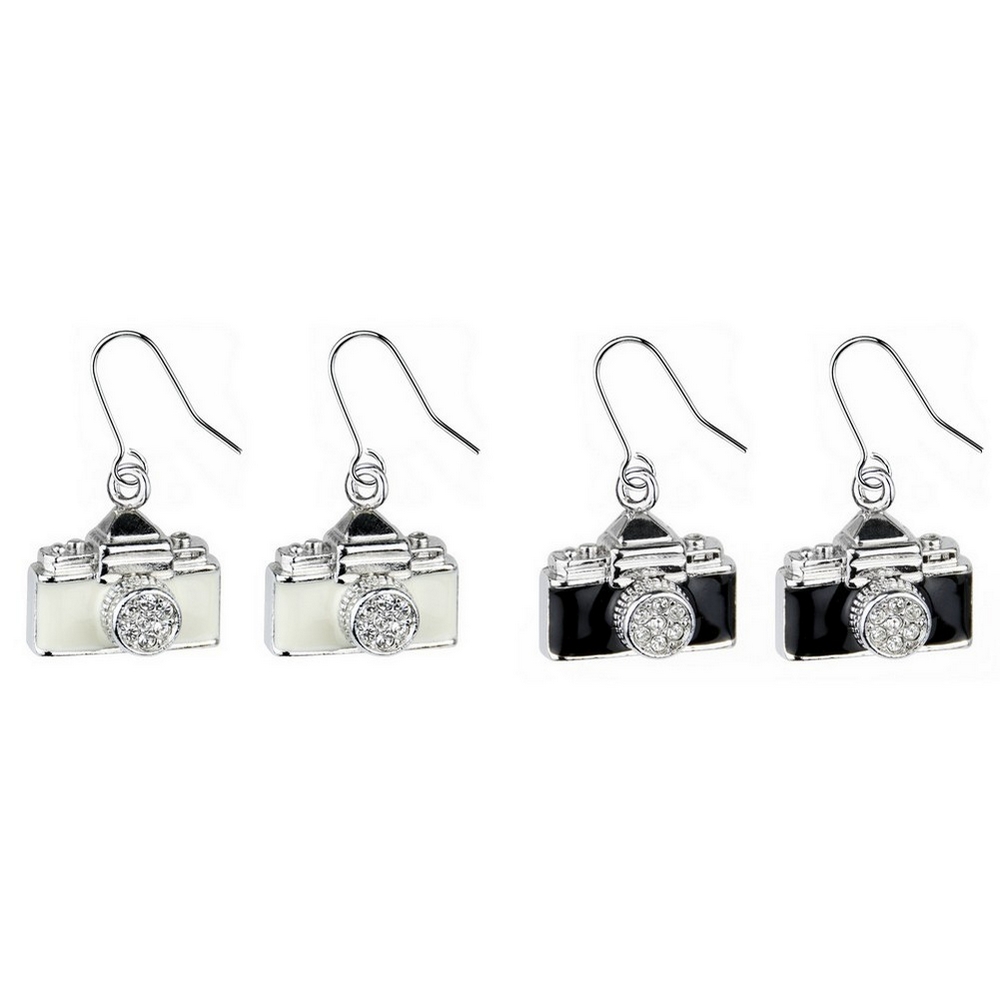 Drop earring crystal glass & enamel camera black & white
