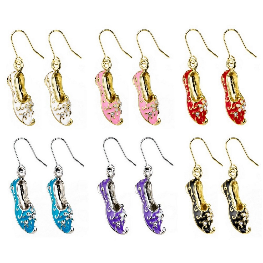 Drop earring crystal glass & enamel ornate slipper