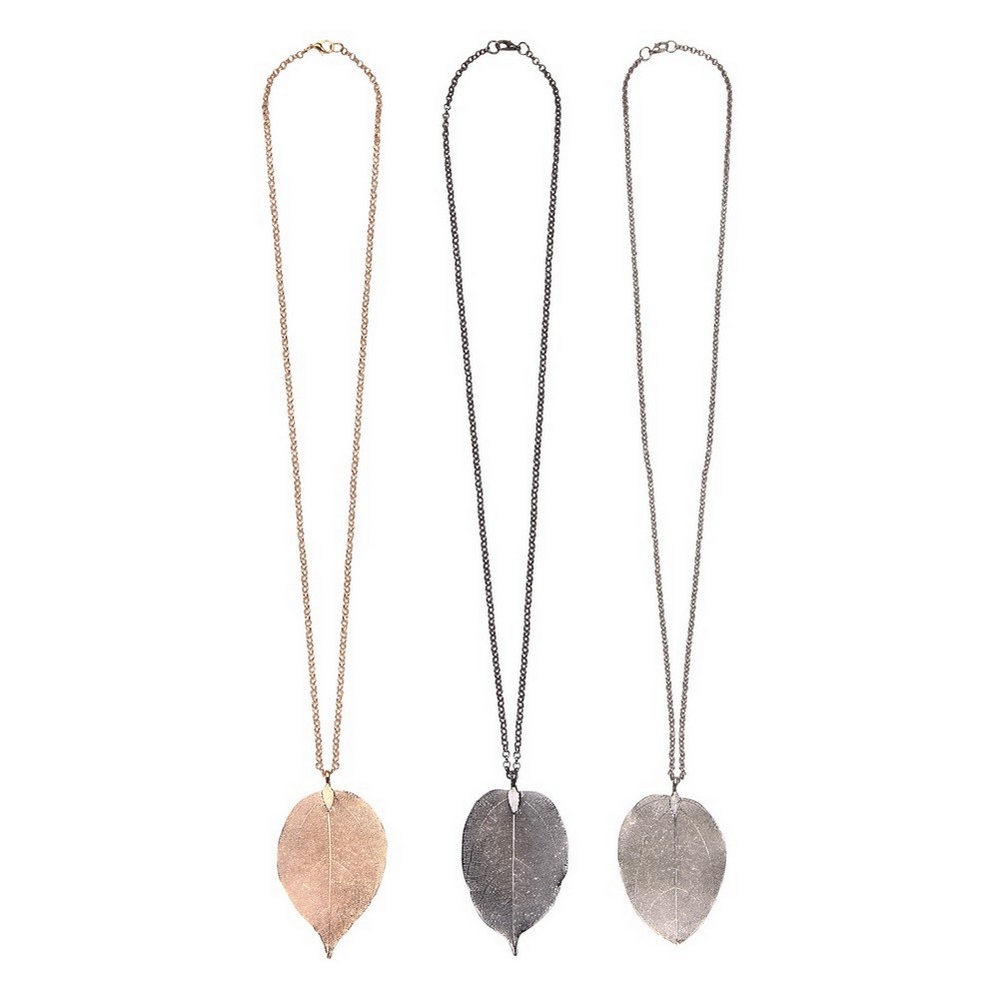 Necklace with a pendant delicate leaf gold & black & silver