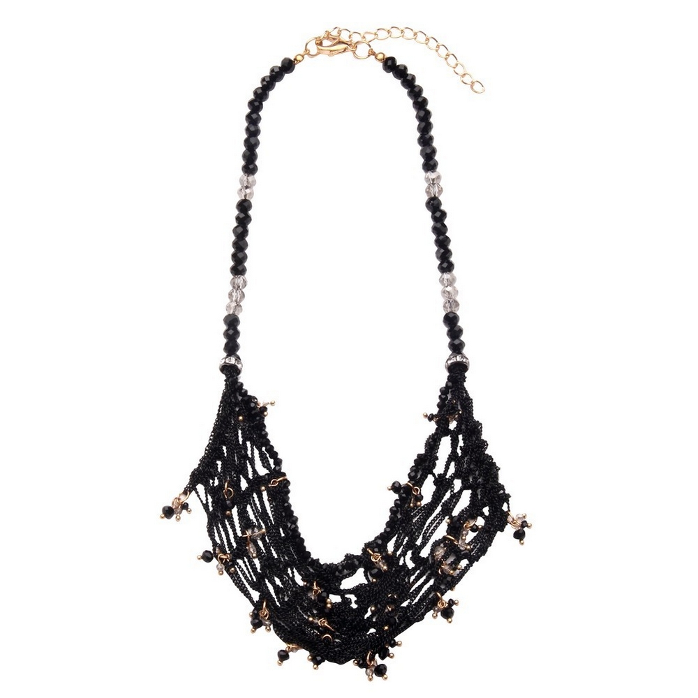 Necklace crystal glass lobster loose weave crocheted black & gold