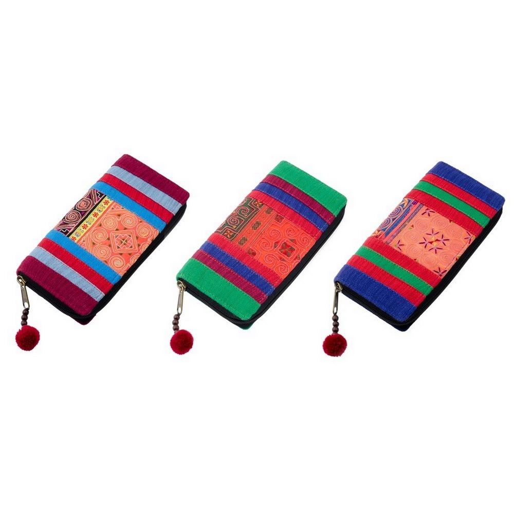 Zip wallet fabric handmade patchwork and stripe pompom
