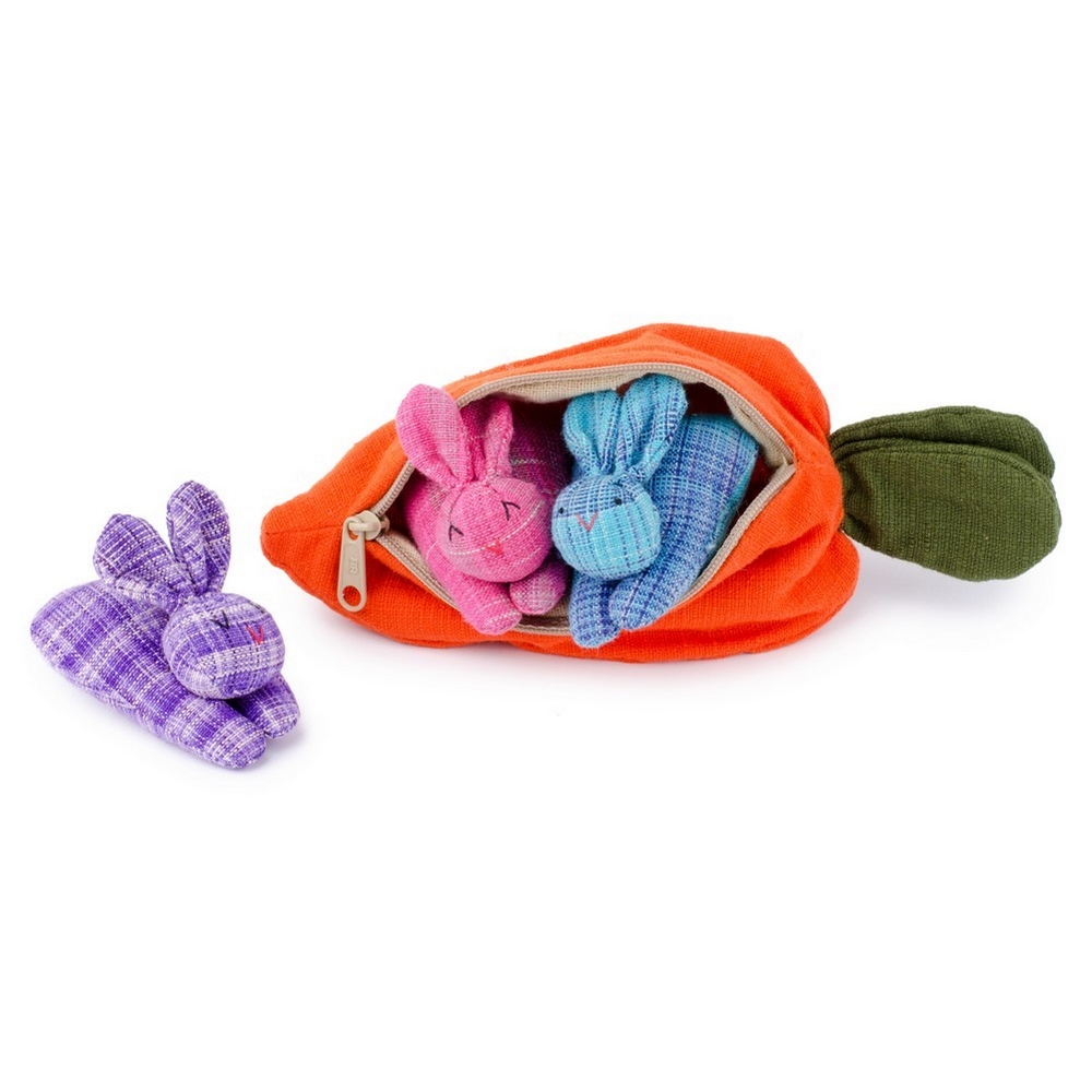 Ornament cotton carrot with 3 tartan rabbits multicoloured