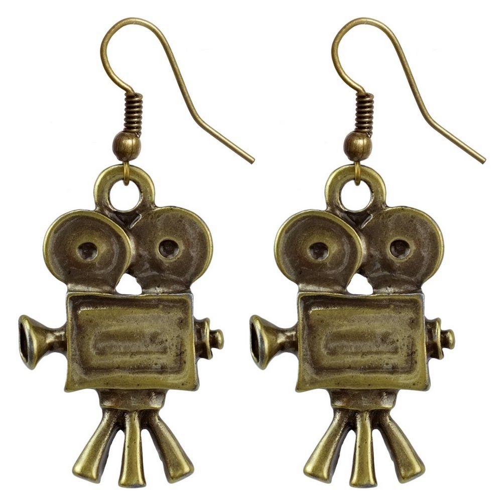 Drop earring brass movie camera