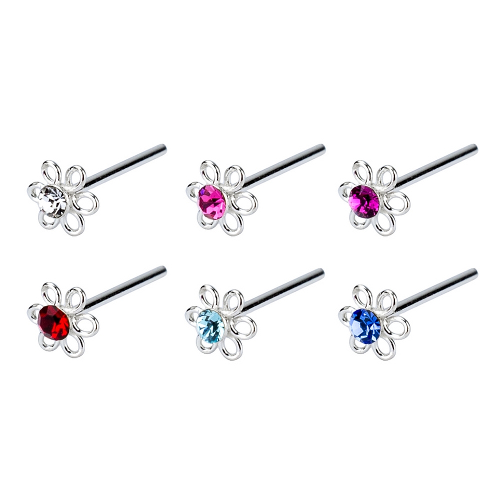 Nose stud 925 silver & crystal glass single crystal flower multicoloured