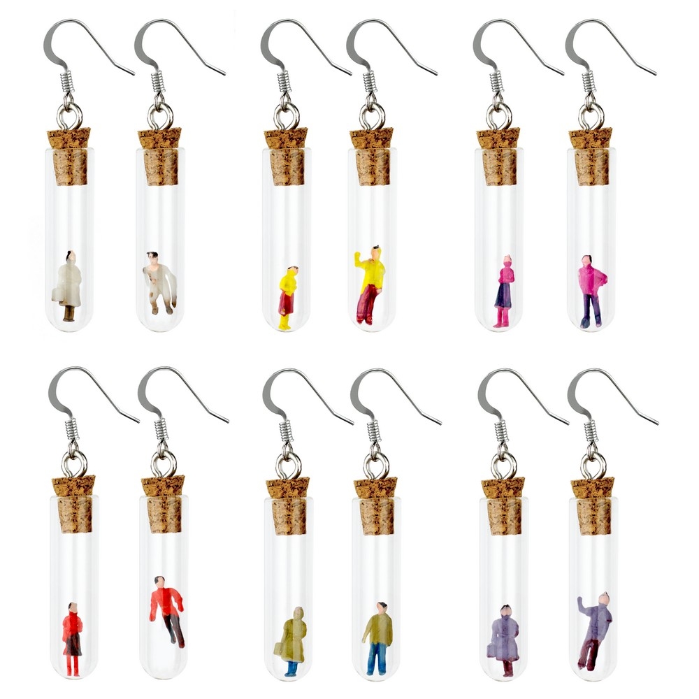 Drop earring resin & glass man & woman in a test tube assorted colours