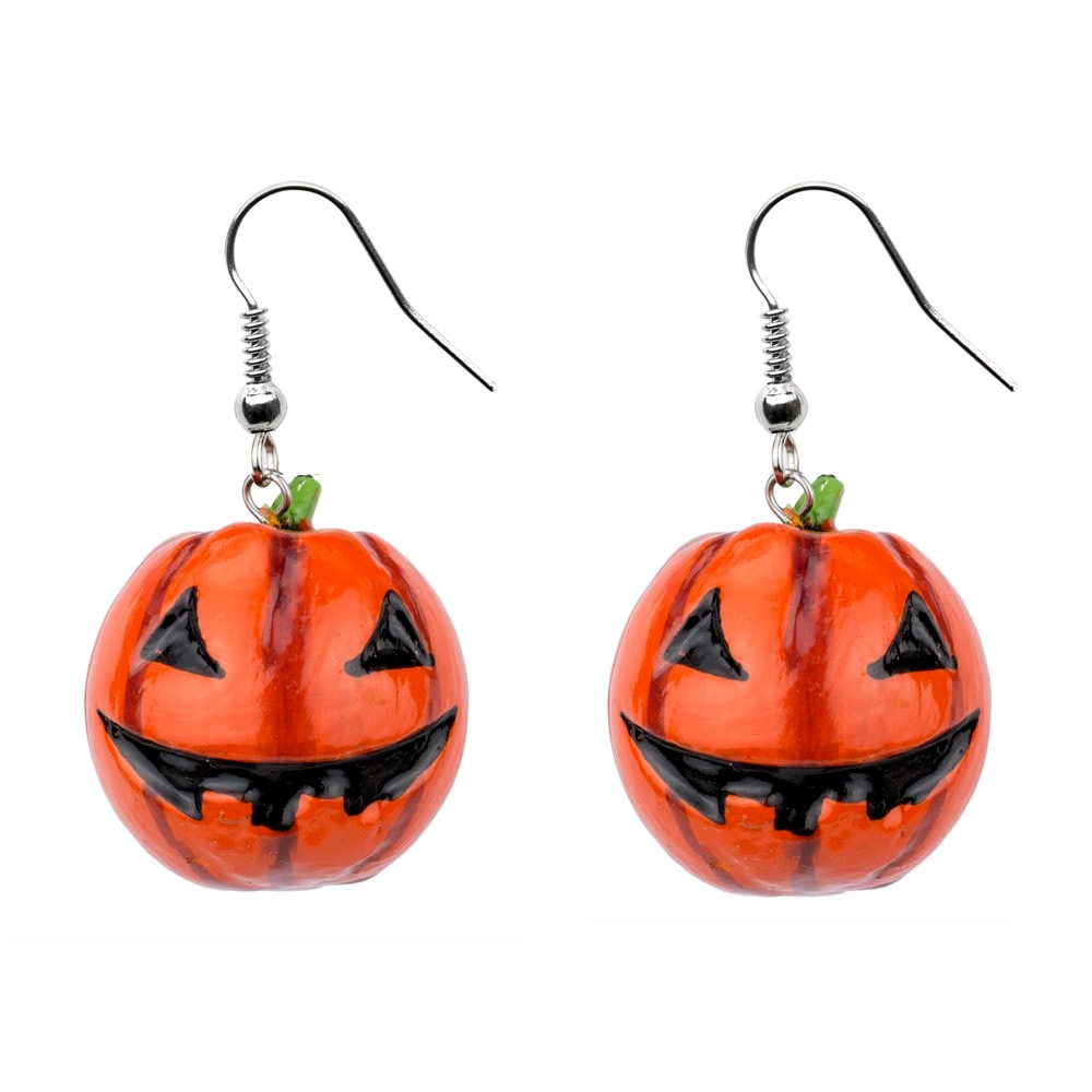 Drop earring wood pumpkin two bottom row teeth orange