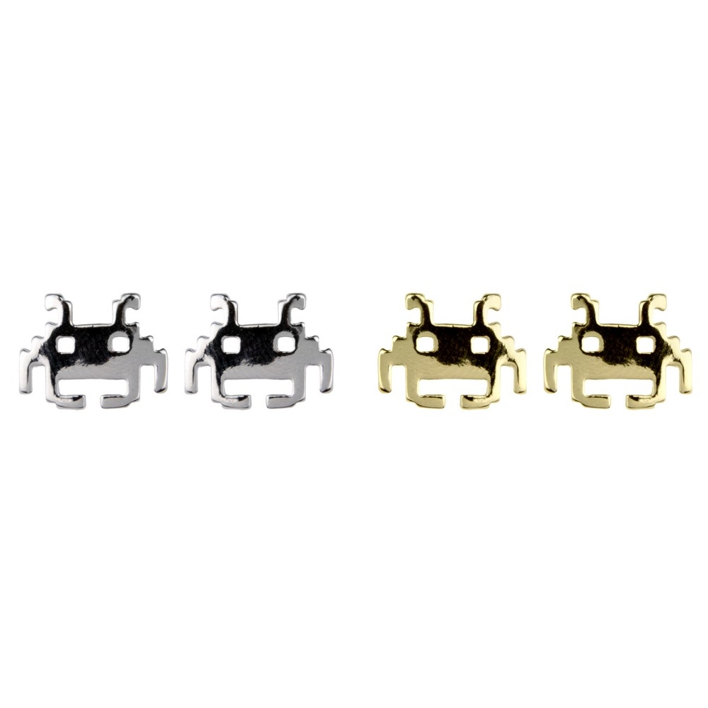 Stud earring space invader metallic silver & gold