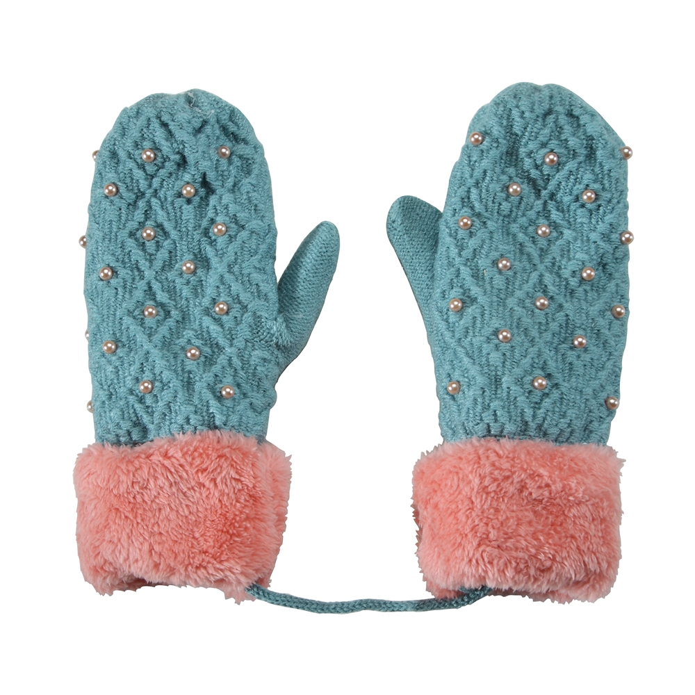 Gloves acrylic mittens with faux fur cuff blue