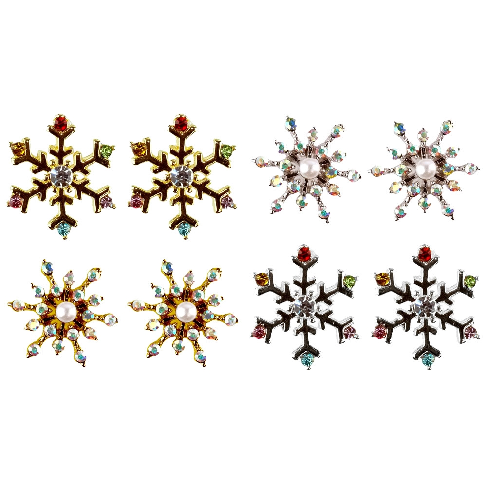 Stud earring crystal glass snowflakes on gift card assorted colours
