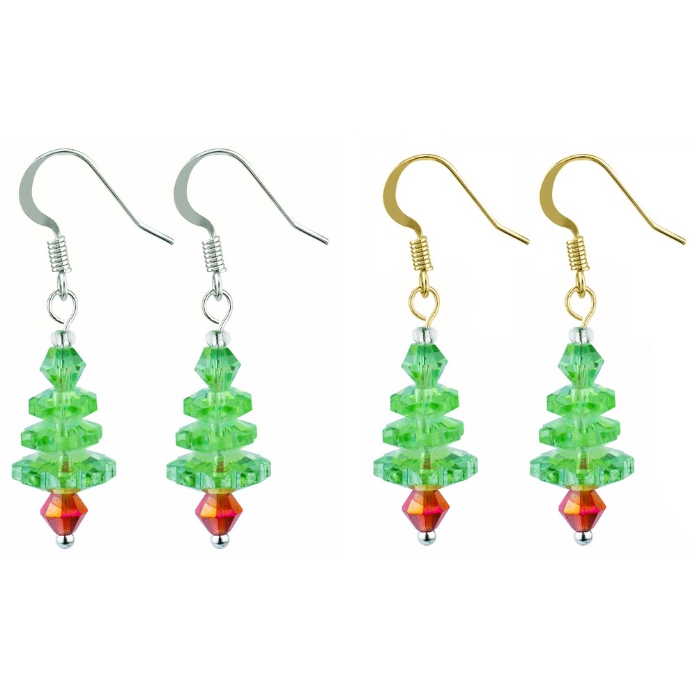 Drop earring crystal glass tree on gift card green & red