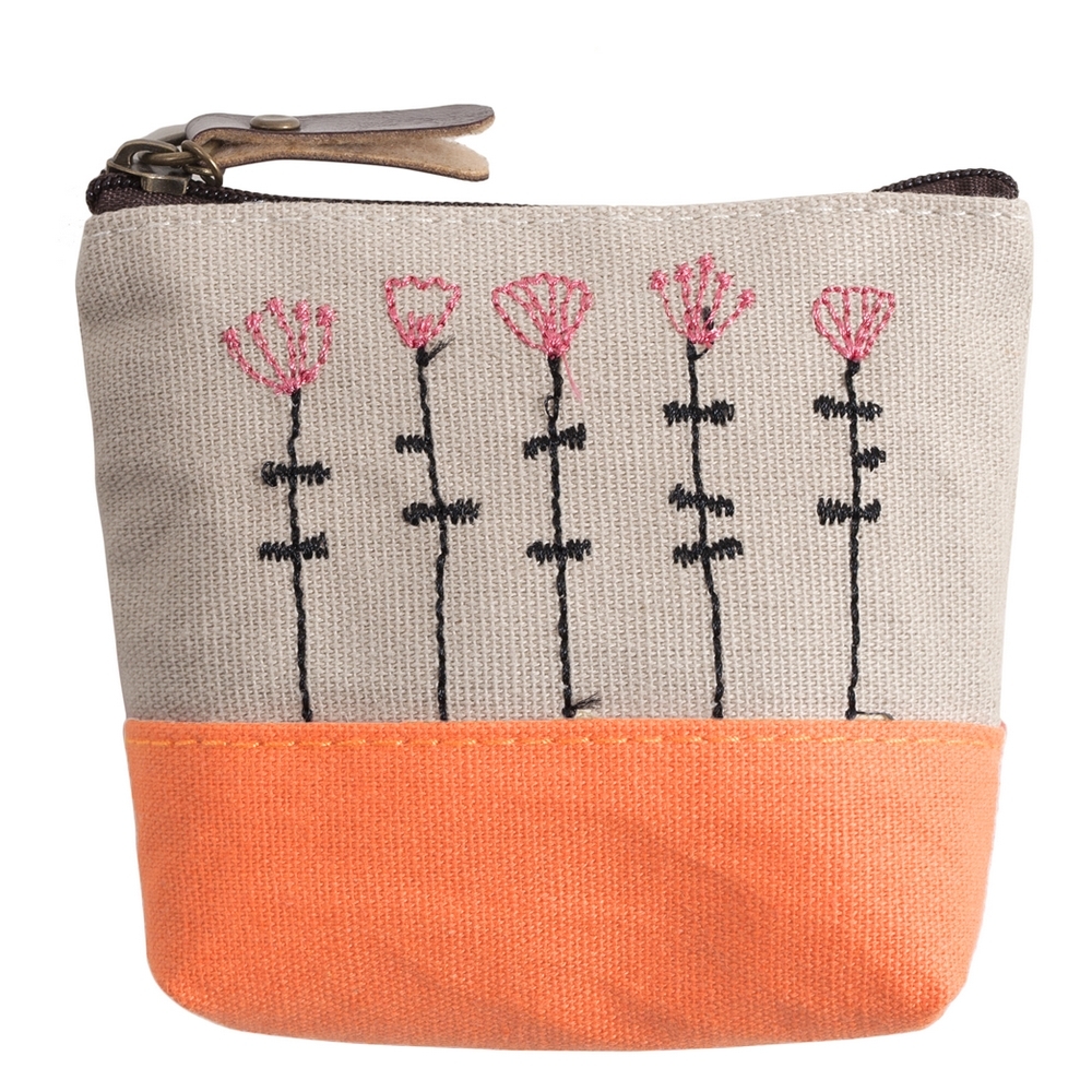 Coin purse cotton stitched plant graphic orange