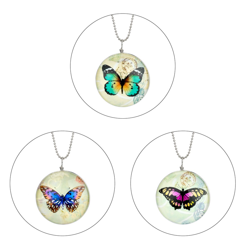 Necklace glass illustrated butterfly assorted colours