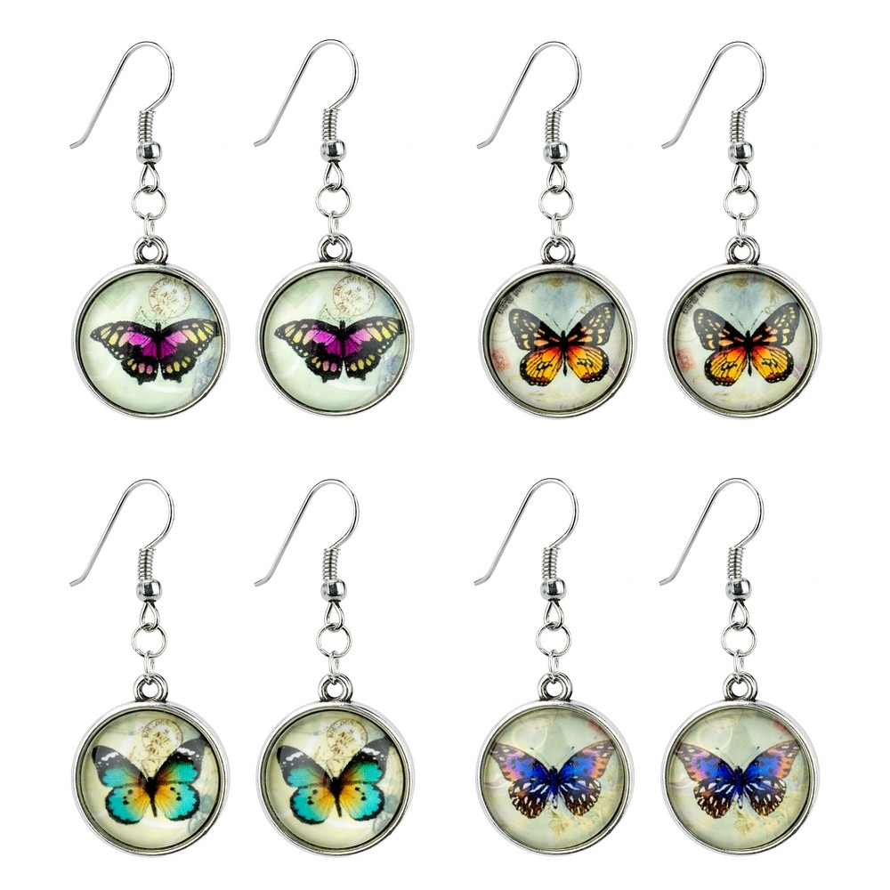 Drop earring glass illustrated butterfly multicoloured
