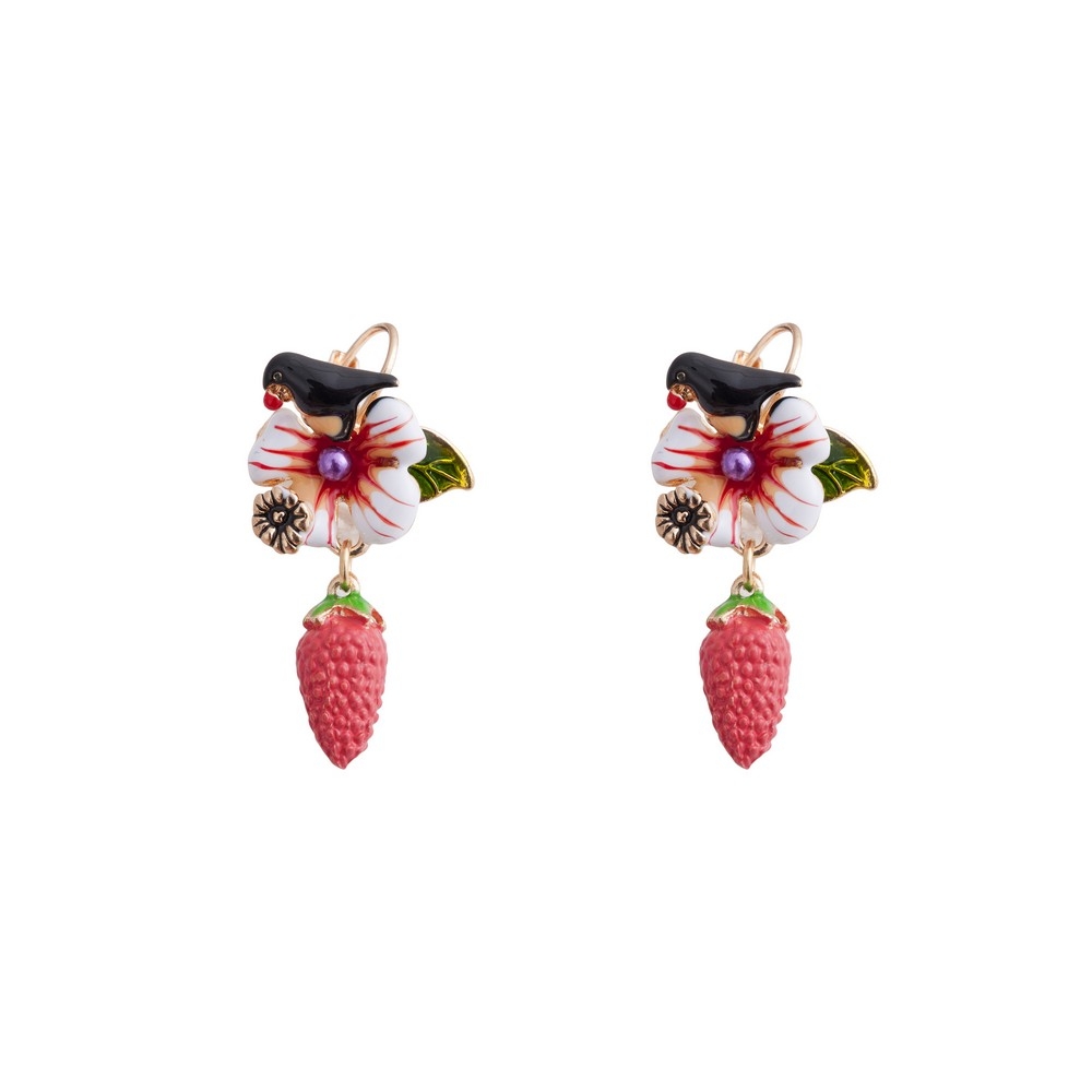 Drop earring enamel strawberry flower