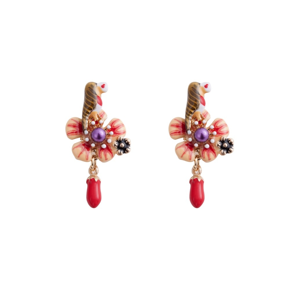 Drop earring enamel bird on bloom multicoloured
