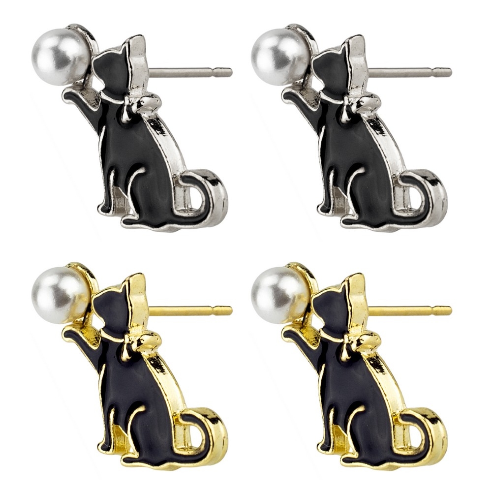 Stud earring enamel & pearl cat