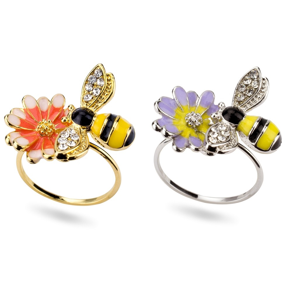 Ring enamel & crystal glass bee & flower multicoloured