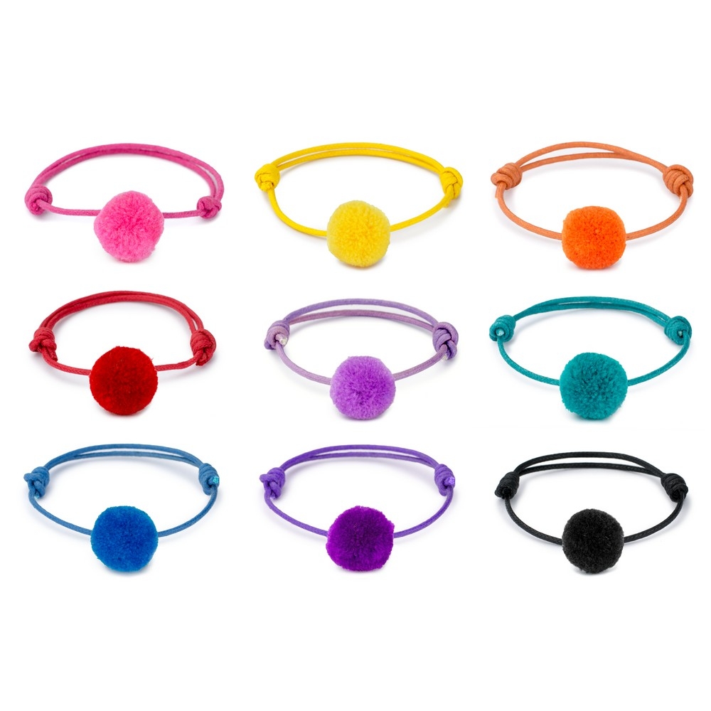 Bracelet cotton self coloured pompom assorted colours