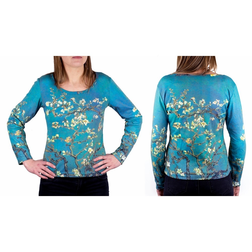 Clothes cotton almond blossom Van Gogh long sleeve t-shirt small green