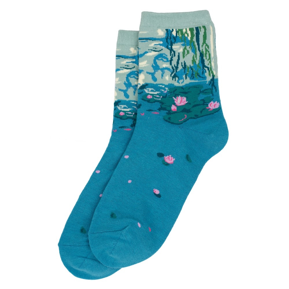 Socks cotton & spandex inspired by Monet Water Lilies aqua blue