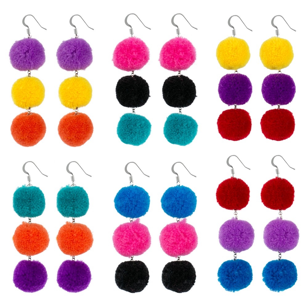 Drop earring cotton triple pompom multi-colour