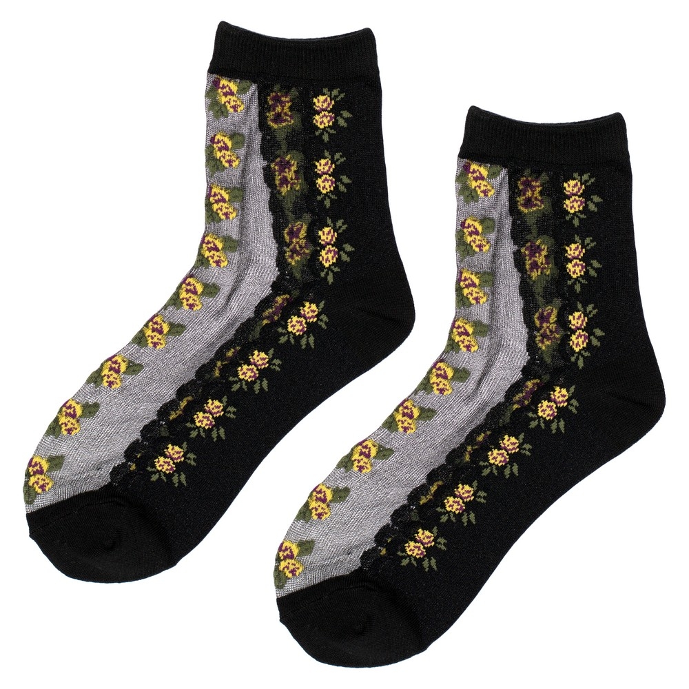 Socks spandex sheer dainty trailing rose yellow on black