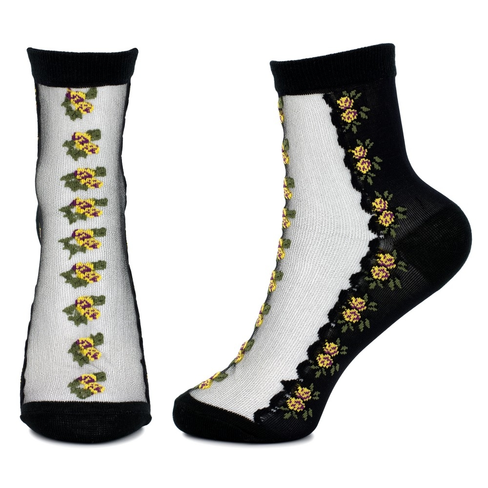 Socks spandex sheer dainty trailing rose yellow on black - Image 2