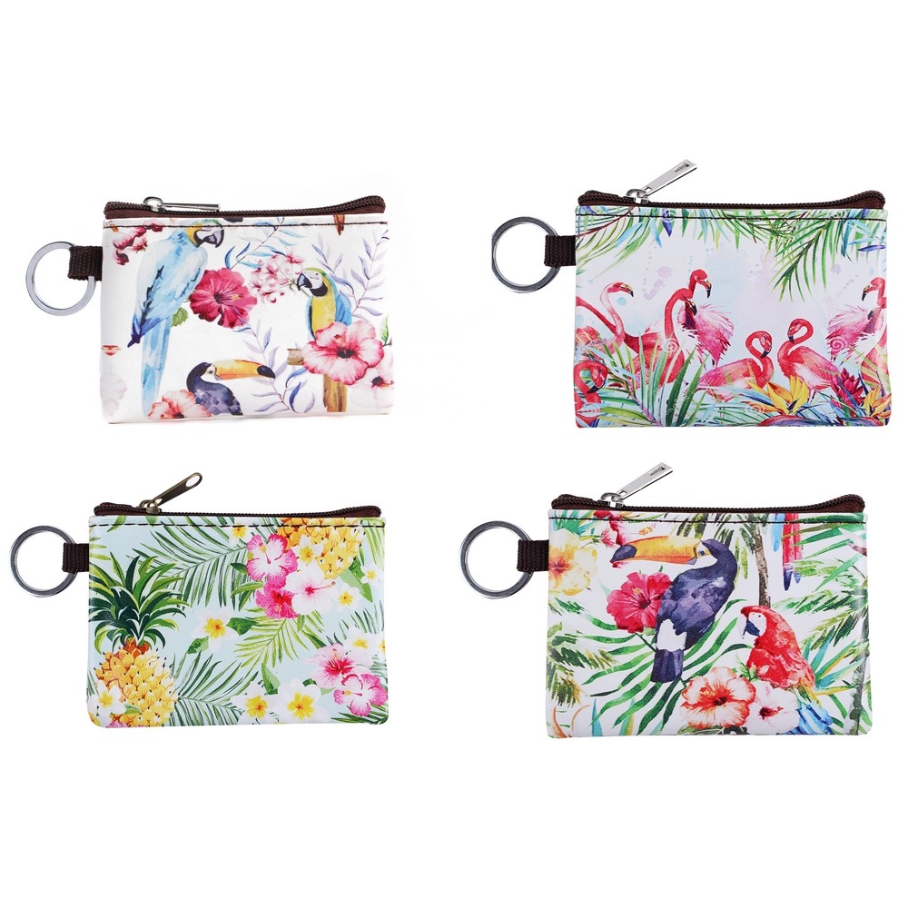 Coin purse zipped tropical feathers & flowers