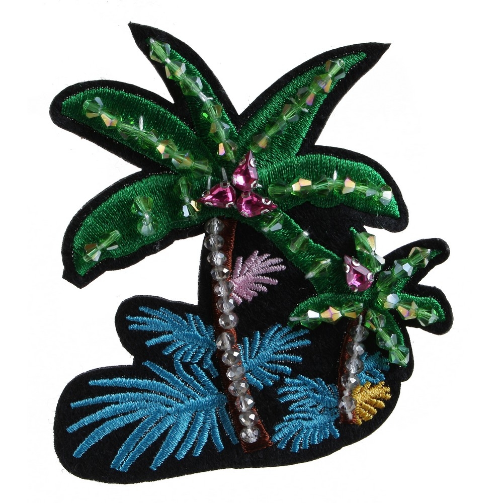 Brooch cotton embroidered palm tree green & blue