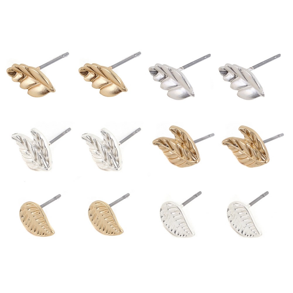 Stud earring grecian tiny leaf silver & gold
