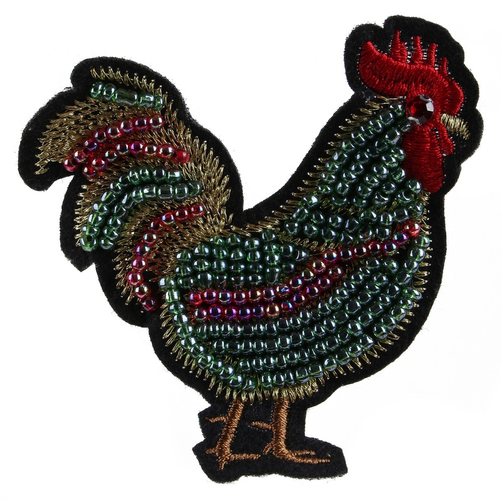 Brooch cotton embroidered beaded cockerel multicoloured